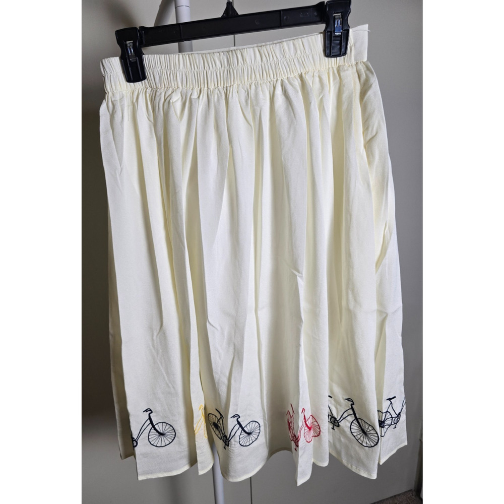 Tulip B Ivory Bicycle Embroidered Midi Skirt Size S NWT Pockets Lined - Picture 3 of 8
